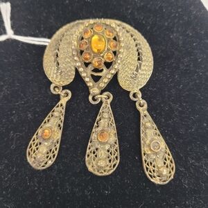 Antique Czech Filligree Brass Brooch With Faux Amber Stones